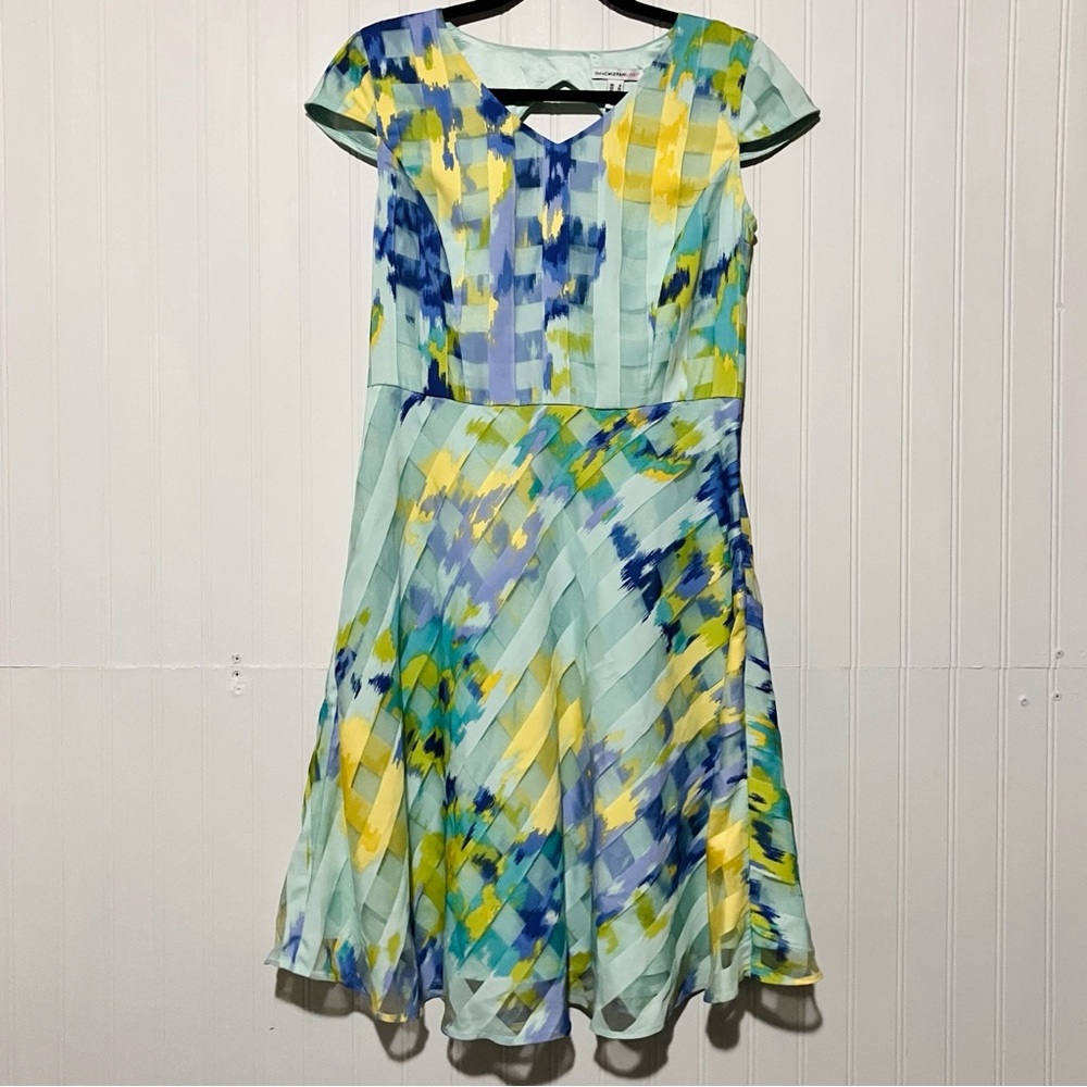 🍀 Isaac Mizrahi Live! Gingham Organza Blue/Purple Watercolor Print Dress